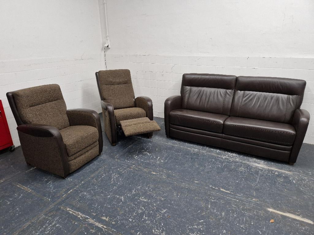 Bankstel bruin leer met bruine stof bank + relaxfauteuil, Ophalen, Gebruikt, 75 tot 100 cm, /