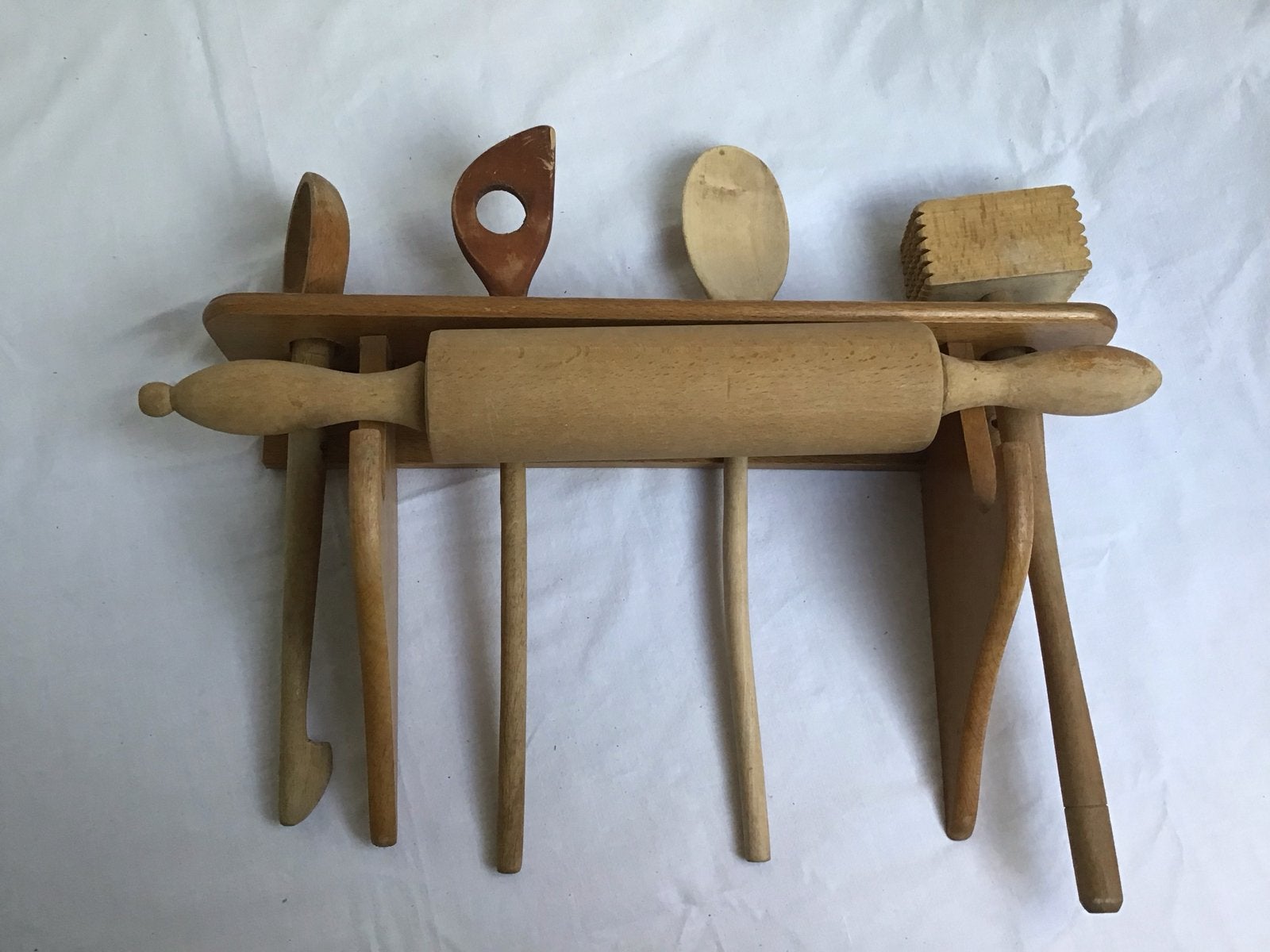 Houten keukenrek met deegroller en keukengerei, vleesstamper, Hout, Ophalen of Verzenden, Overige typen, Gebruikt
