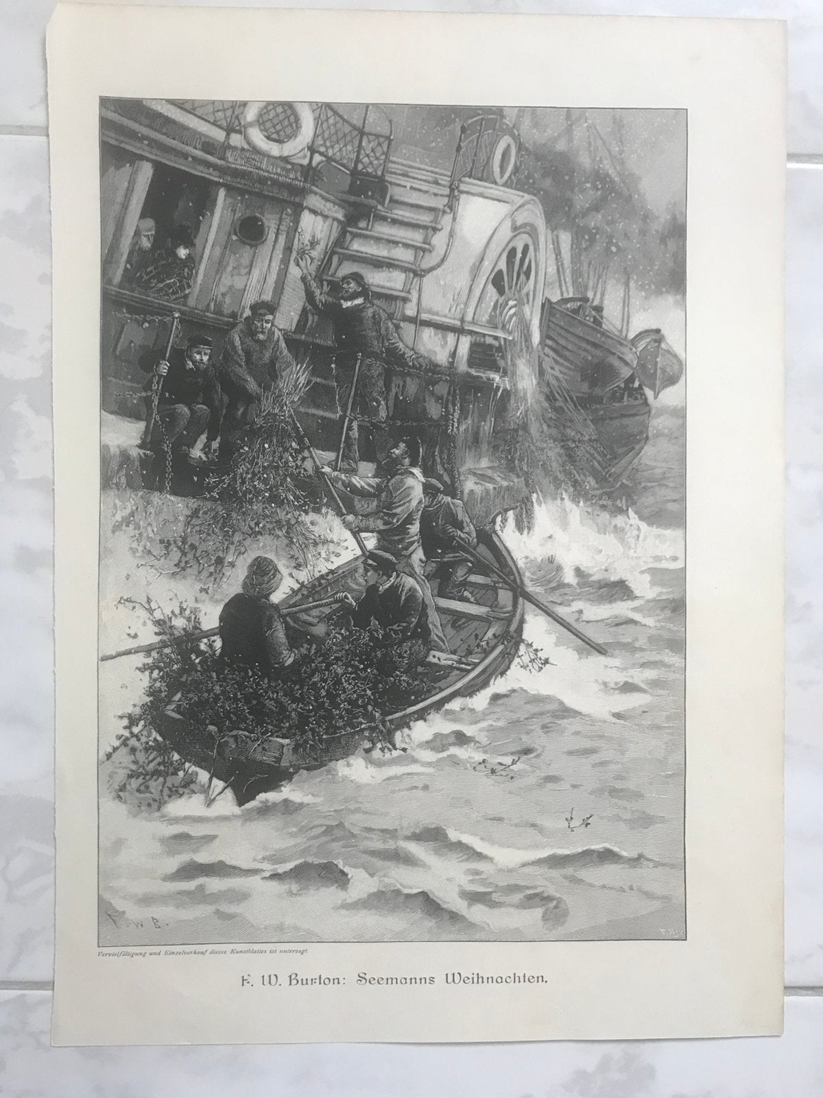 F.W. Burton: Seemanns Weihnachten, 1890, gravure, 32x22cm., Dagelijks leven, 1800 - 1899, 22 cm, Ophalen of Verzenden
