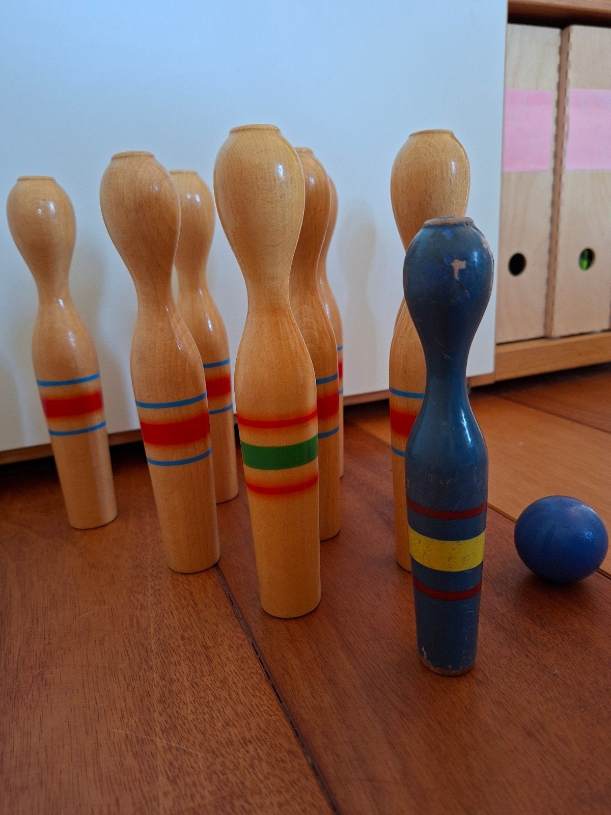Vintage houten kegelspel met bal, Ophalen of Verzenden, Gebruikt, Jongen of Meisje
