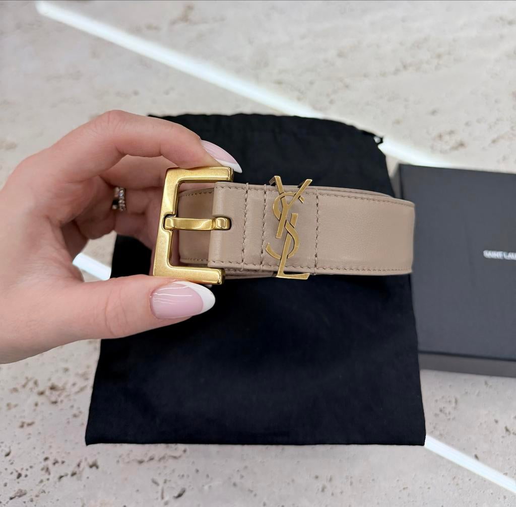 YSL Cassandre Riem Kalfsleer - Dark Beige 85cm, Ophalen, 3 tot 5 cm, Echt leder, Heupriem