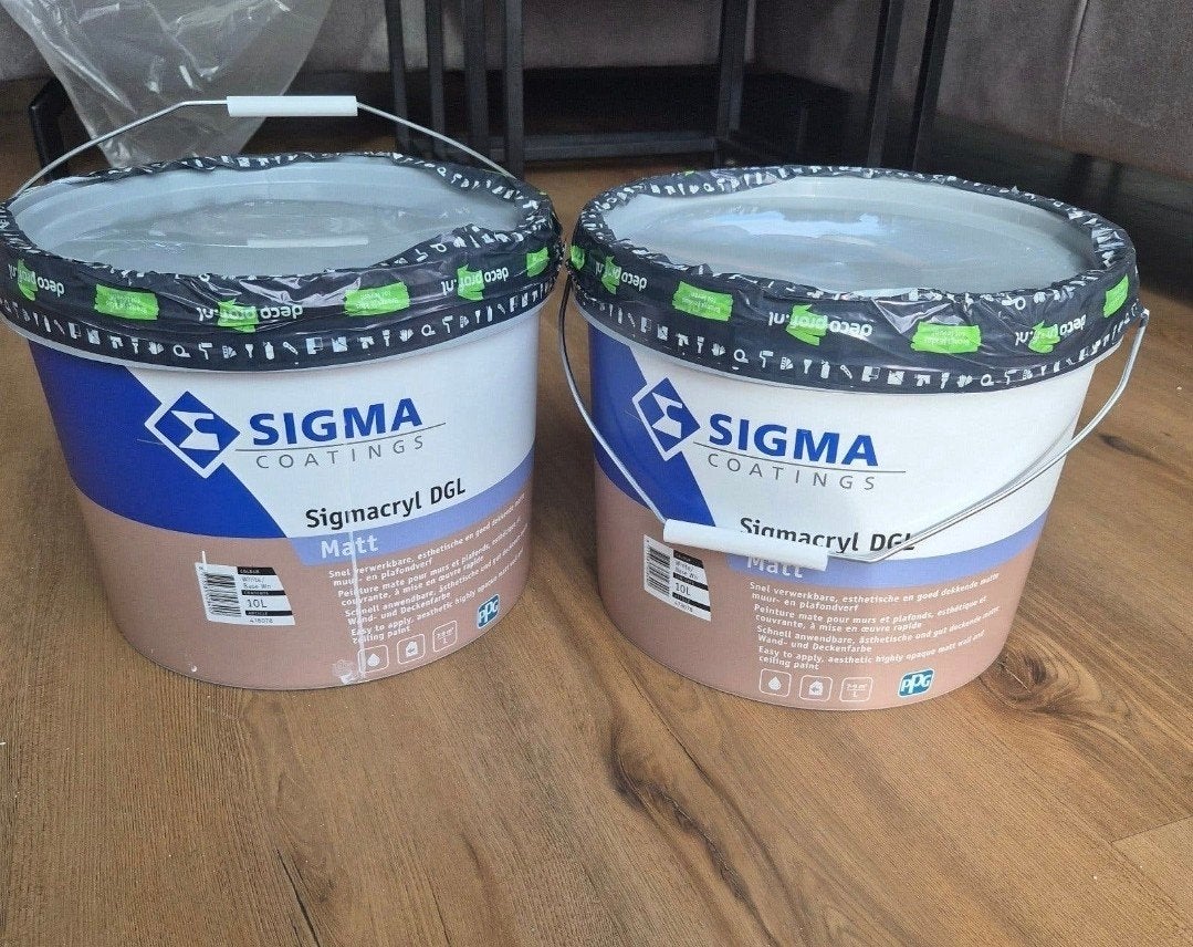 Twee nieuwe emmers Sigma Muurverf (10 liter) Wit, Wit, Nieuw, Ophalen of Verzenden, Verf