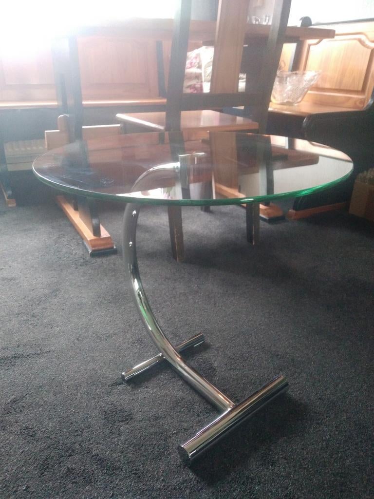 2 vintage glazen bijzettafels, Huis en Inrichting, Tafels | Bijzettafels, Minder dan 55 cm, Gebruikt, Rond, Glas