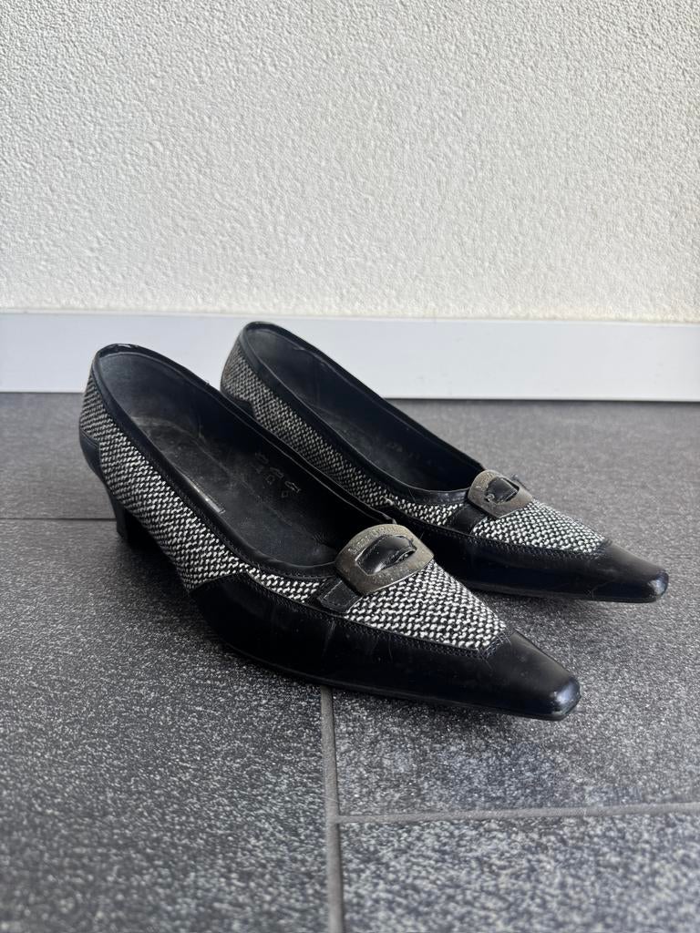 Vintage Y2K zwarte tweed leren kitten heel sandalen, Vintage, Vintage, Zo goed als nieuw, Vintage