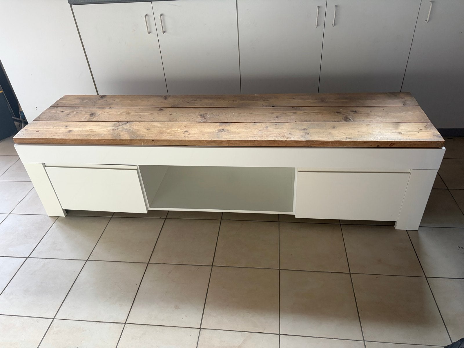 Set hoogglans wit dressoir, hoge kast & tv meubel steigerhou, Huis en Inrichting, Kasten | Televisiemeubels, Ophalen, Gebruikt