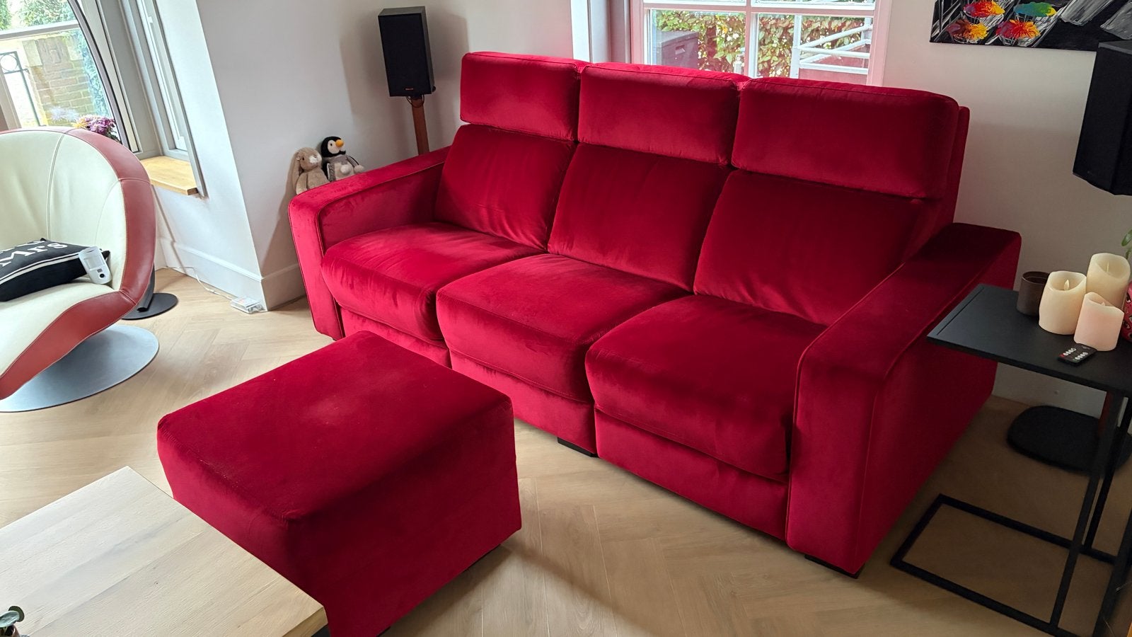 Morione 3-zitsbank met relaxfunctie en hocker - Bordeaux, Ophalen, Zo goed als nieuw, Stof