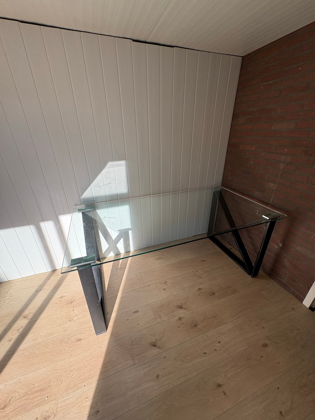 Glazen Eettafel 180 cm met Zwart Gespoten Poten, Ophalen, Gebruikt, Glas, 150 tot 200 cm