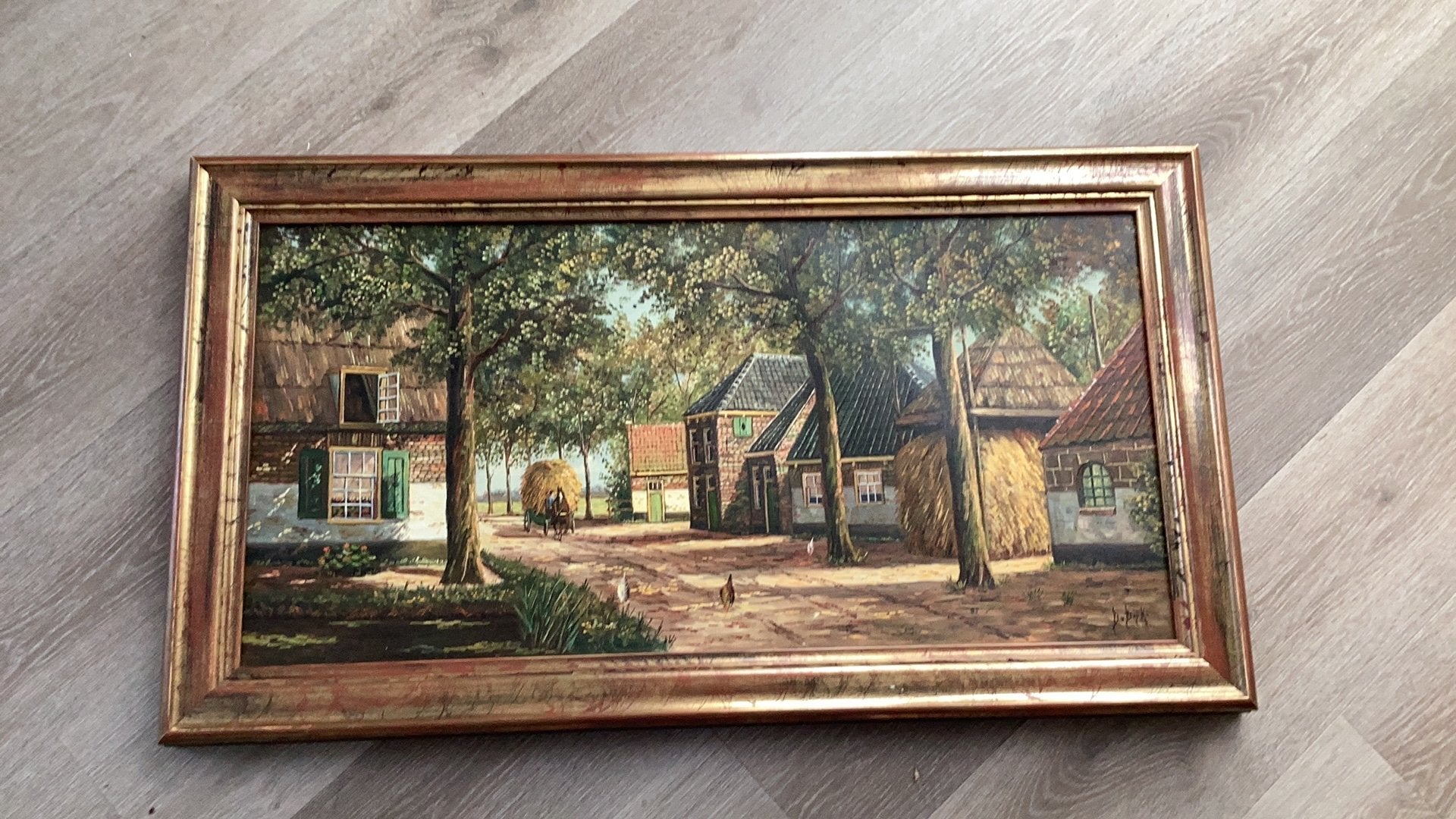 Schilderij D van Dijk Erf met kippen en hooiberg, Ingelijst, Doek, Oud hollands, Ophalen of Verzenden
