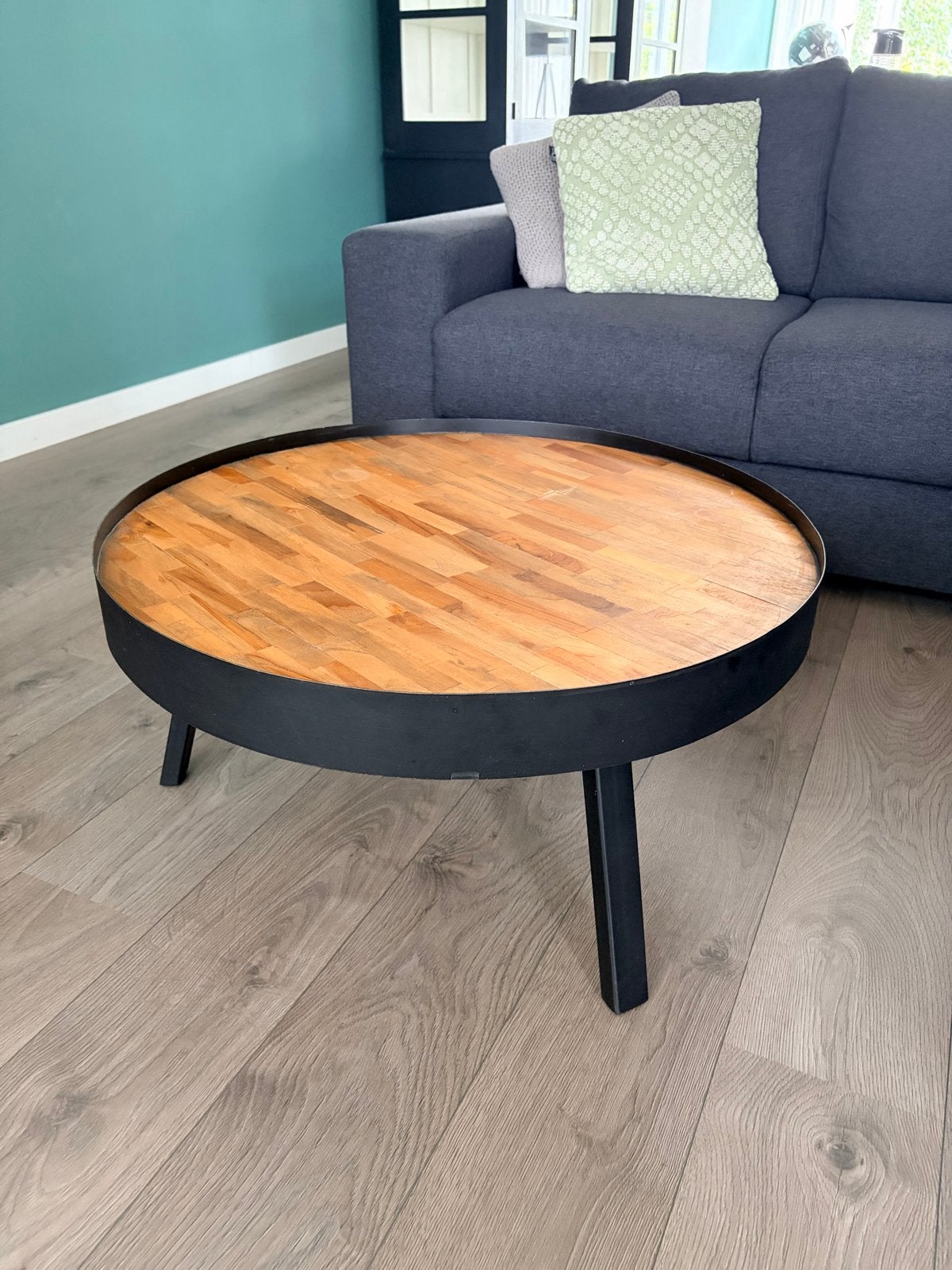 Ronde salontafel met houten blad en metalen frame, Ophalen, Gebruikt, Rond, 50 tot 100 cm