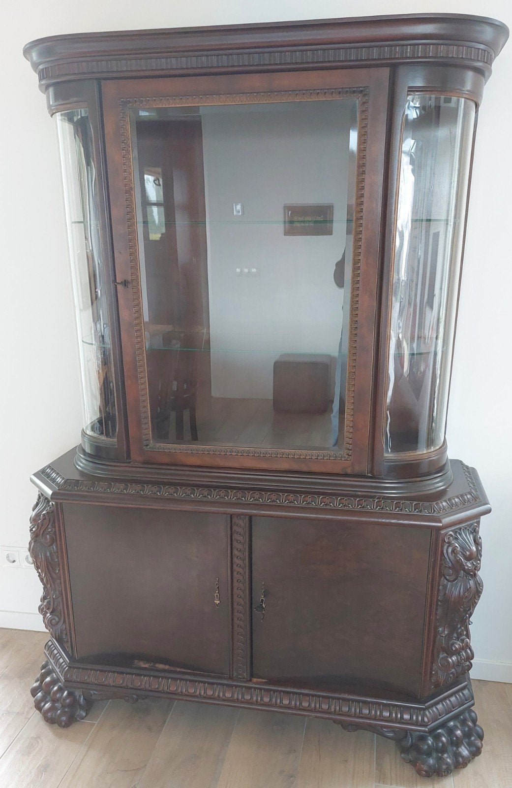 klassieke buffetkast met opzetvitrine, gebogen beglazing, Ophalen, 100 tot 150 cm, Overige houtsoorten, 150 tot 200 cm