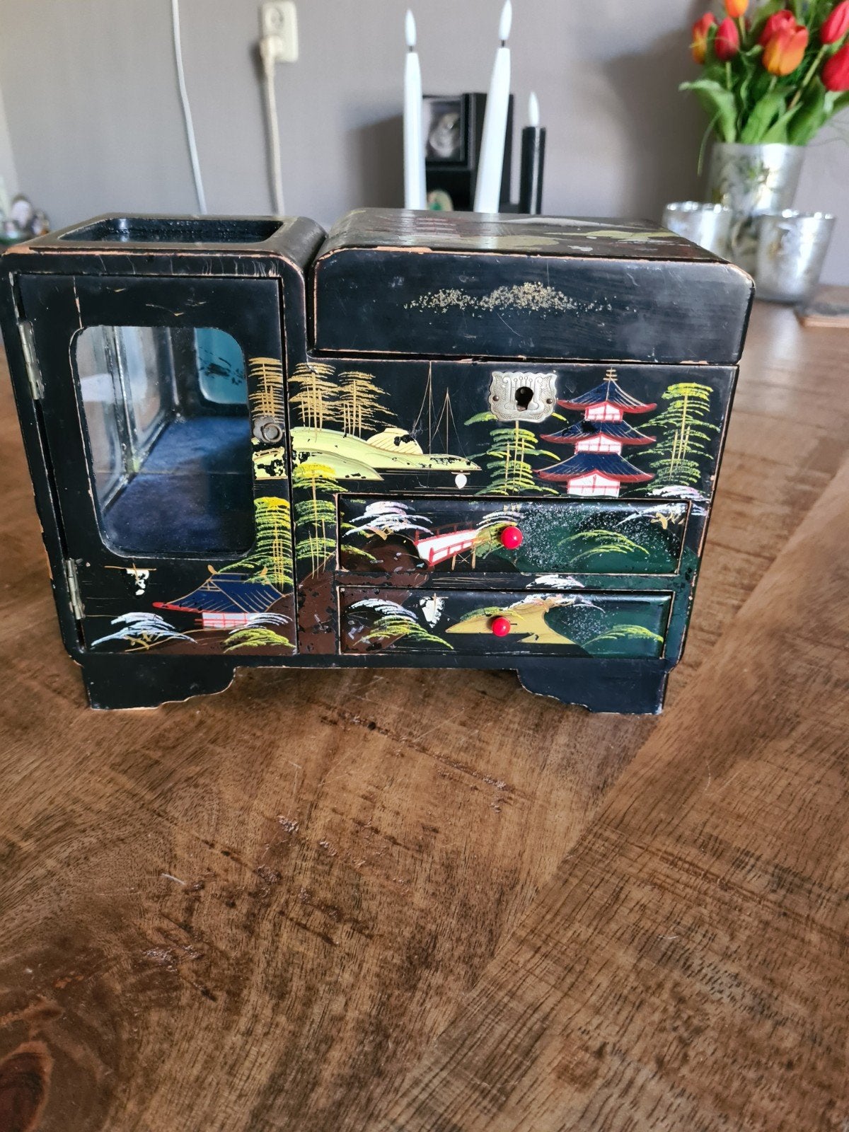 Vintage Japanse Muziekdoos Sieradendoosje met Spiegeltje, Antiek en Kunst, Ophalen of Verzenden