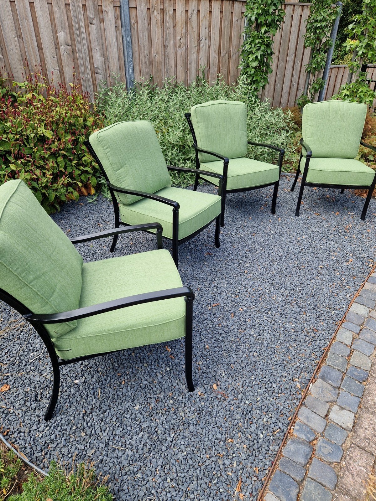 prachtige loungestoelen zwart met groene kussens, 4 zitplaatsen, Aluminium, Ophalen of Verzenden, Zo goed als nieuw