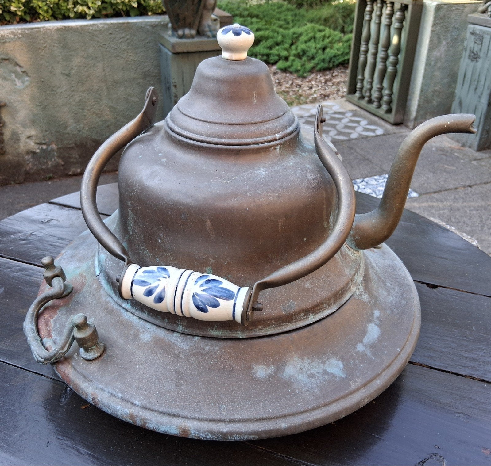 Brocante koperen theeketel met keramische handvatten, Ophalen