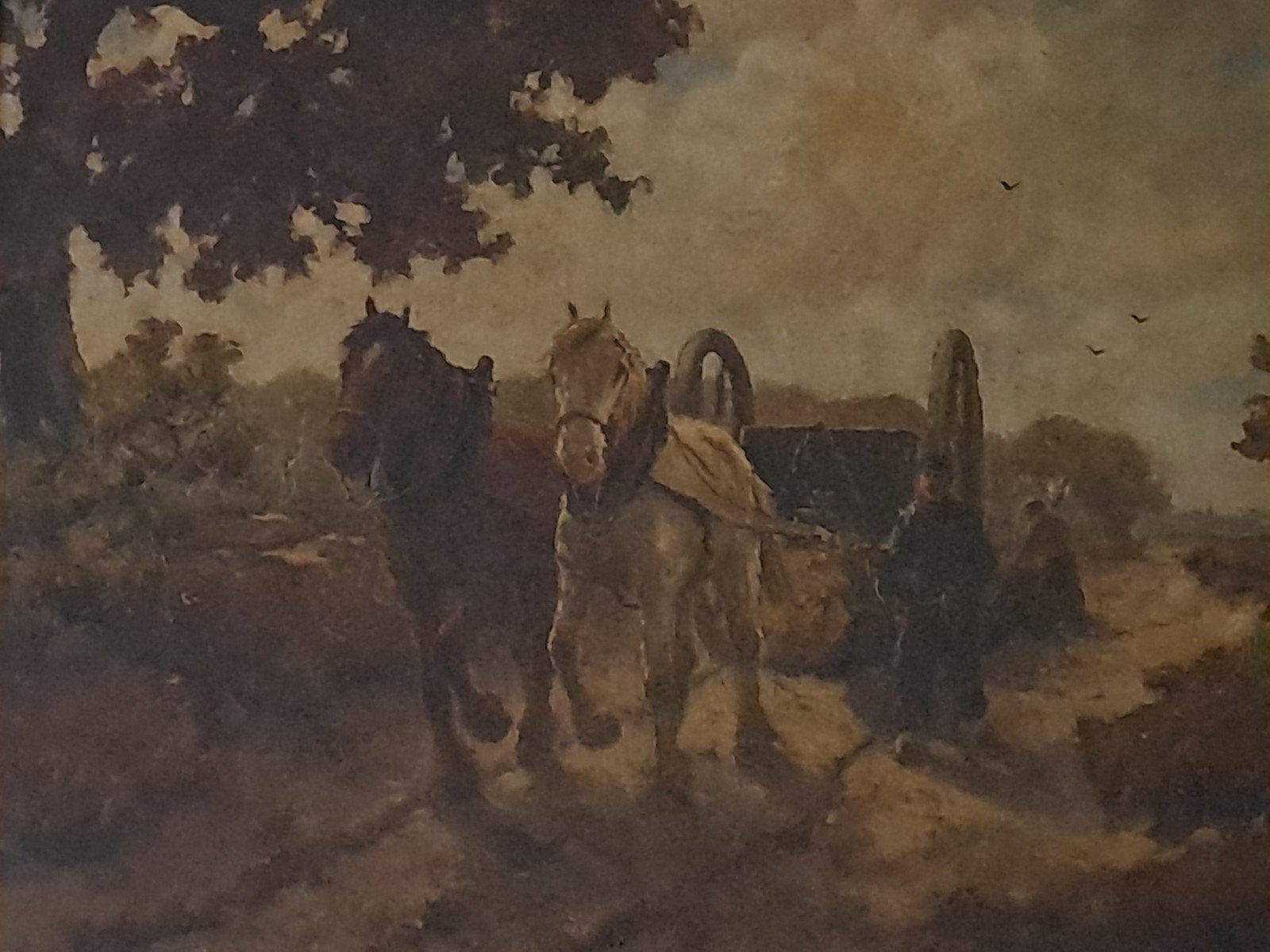 Schilderij met paarden en kar, gesigneerd 'NEFKENS, Antiek en Kunst, Ophalen of Verzenden