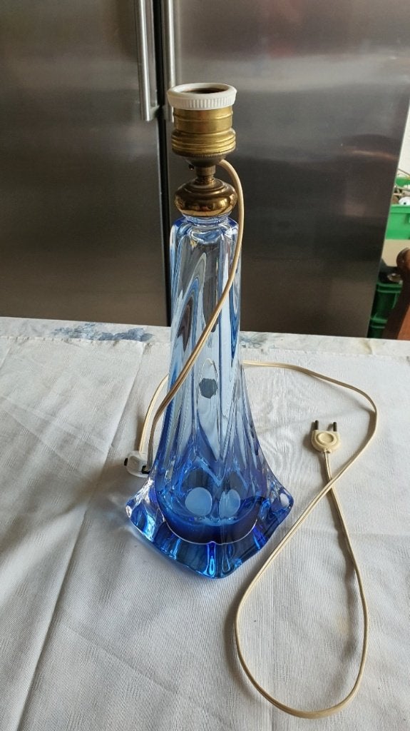 Kristallen lampvoet van de Val St. Lambert in de kleur blauw, Overige merken, 32 cm, E27 (groot), Schemerlamp
