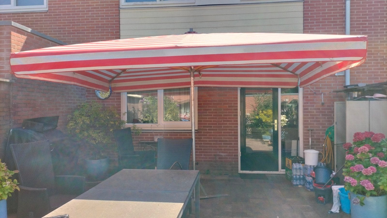 marktparasol met afritsbare zeilen, Ophalen, Gebruikt, Veranda