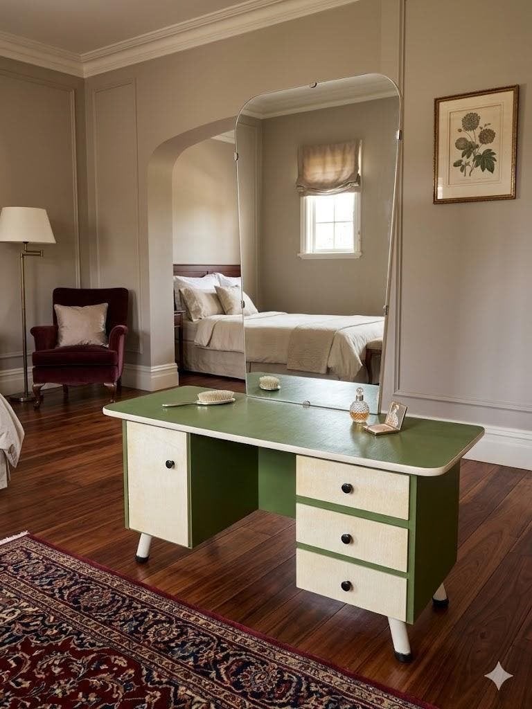 Vintage Kaptafel met Spiegel - Groen & Crème, Huis en Inrichting, Tafels | Kaptafels, Ophalen, Gebruikt, 100 tot 150 cm, 50 tot 100 cm