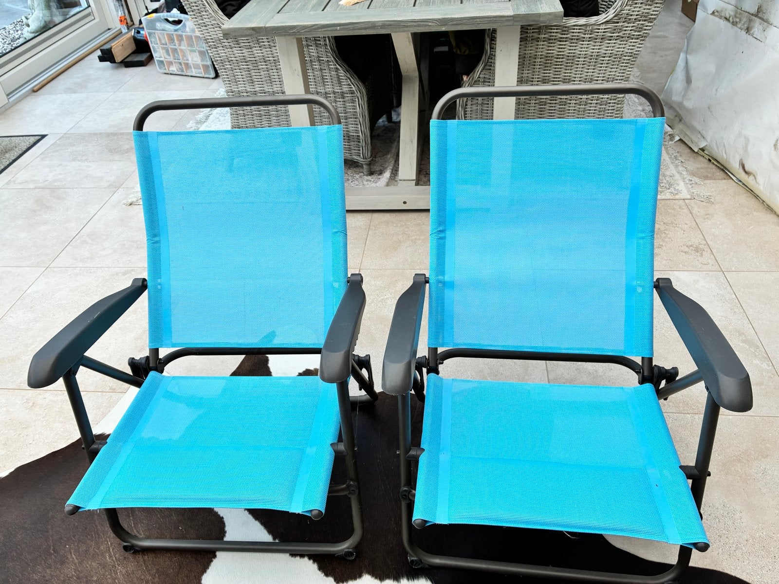 2 Outdoor blauwe Strandstoelen verstelbaar lichtgewicht, Tuin en Terras, Textileen, Zo goed als nieuw, Stoel, Ophalen