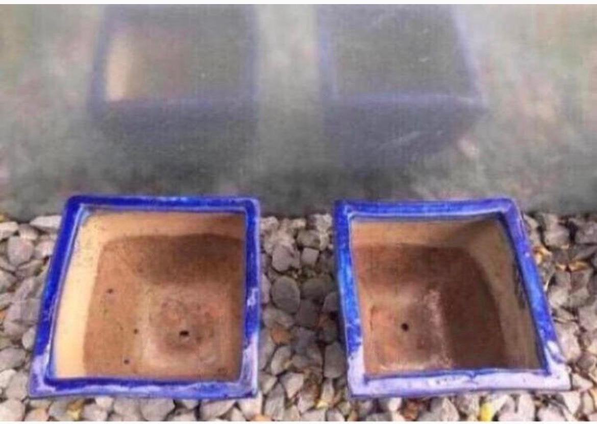 Prachtige set twee geglazuurde bl. terracotta bloempotten, Tuin en Terras, Gebruikt, Vierkant, Minder dan 40 cm, Balkon