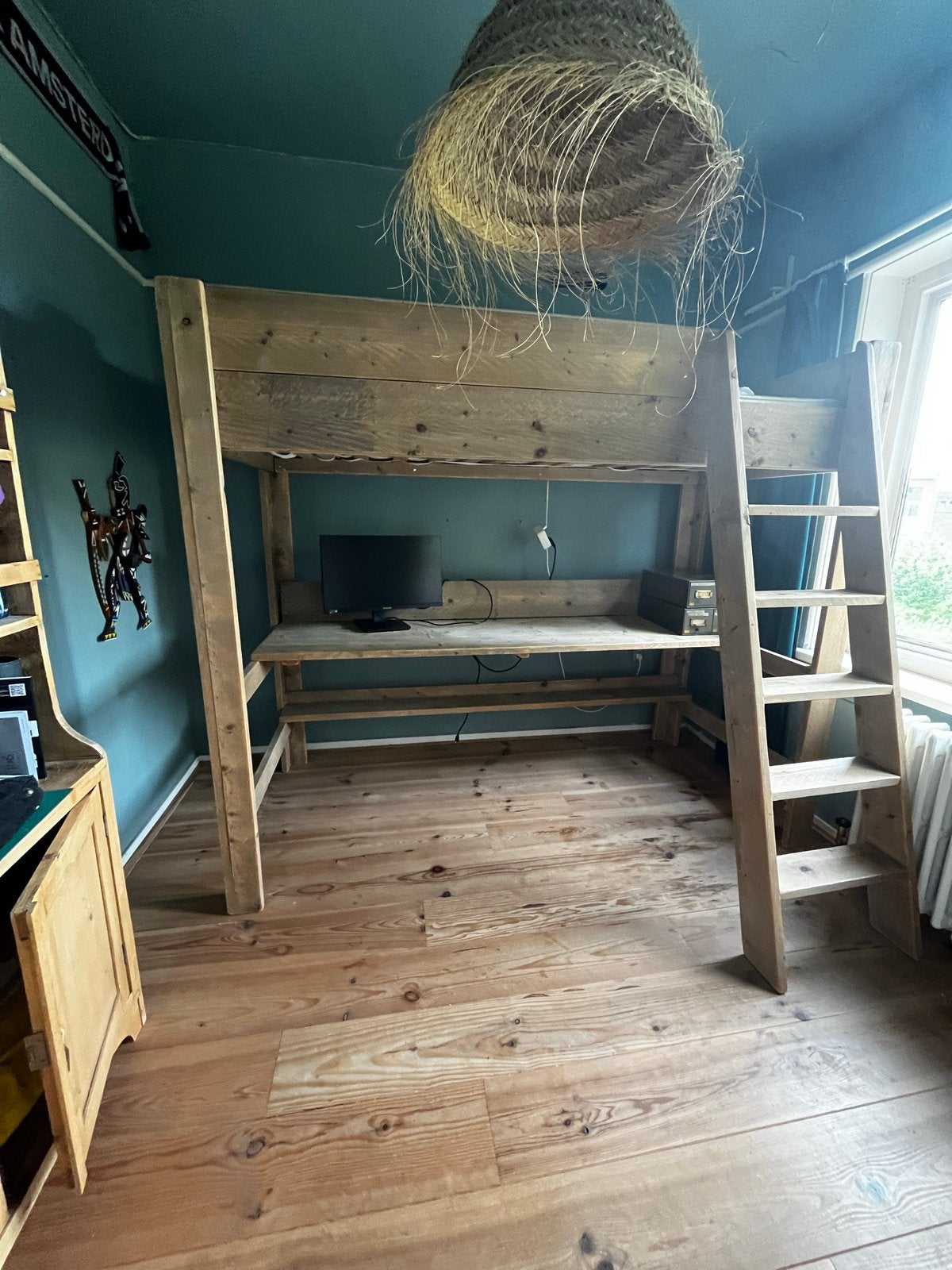 Hoogslaper met bureau steigerhout, Ophalen, Eenpersoons, Zo goed als nieuw, 200 cm