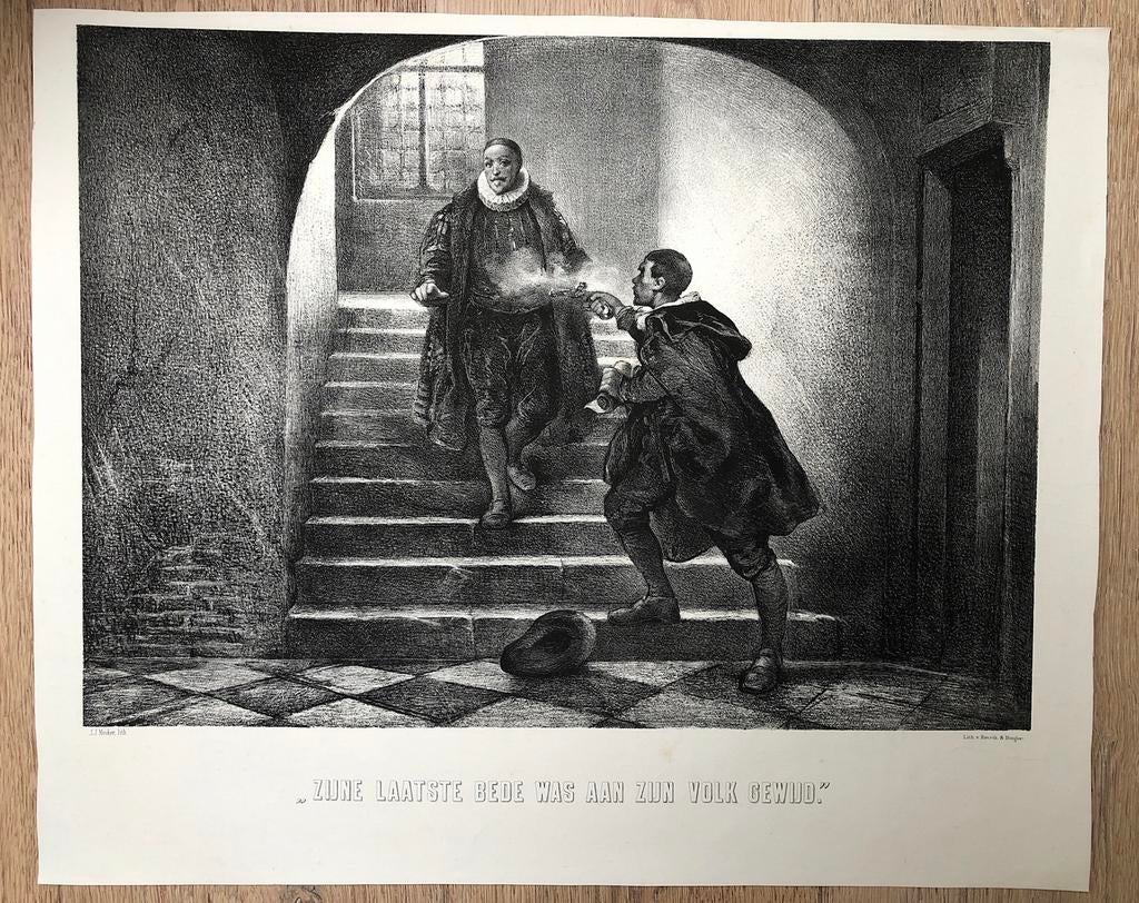 Oude prent: Moord op de prins van Oranje, 1584, Gebruikt, Ophalen of Verzenden, Voor 1940, Prent