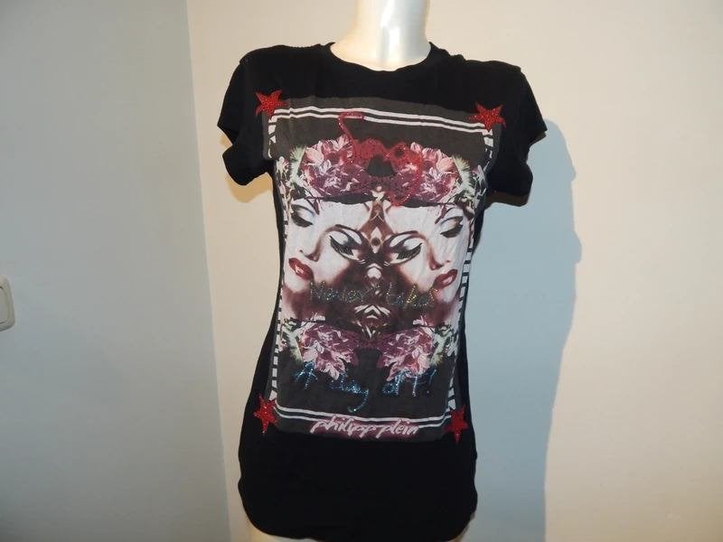 Philipp Plein shirt print voorkant met steentjes gaas rug S, Verzenden, Zwart, Korte mouw, Maat 36 (S)
