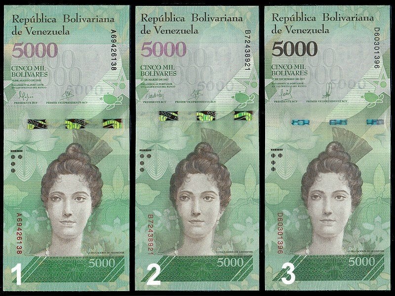 Venezuela 2016/2017, 3 varianten van de 5000 Bolivares (UNC), Verzenden, Zuid-Amerika, Setje
