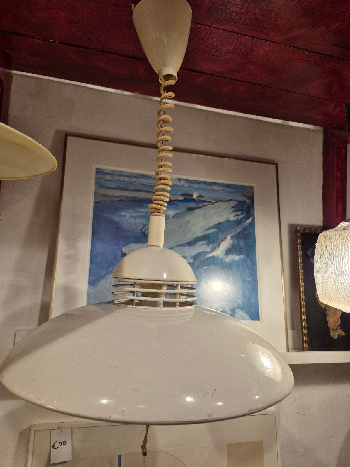 Vintage Witte Hanglamp met Spiraal Snoer - Jaren '70 Stijl, Gebruikt, Vintage, Jaren '70, Retro, Ophalen of Verzenden, Metaal