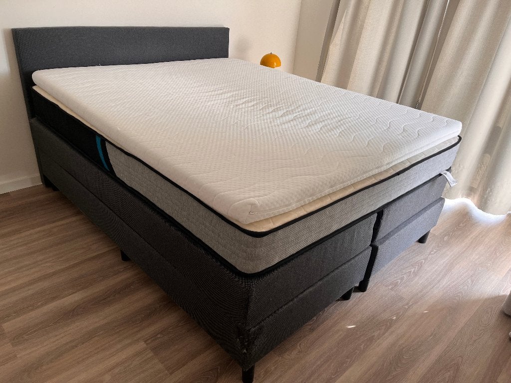 Boxspring 160x200 - Incl. Hoofdbord & Topper - Goede Staat, Ophalen, Gebruikt, Tweepersoons, Modern Scandinavisch