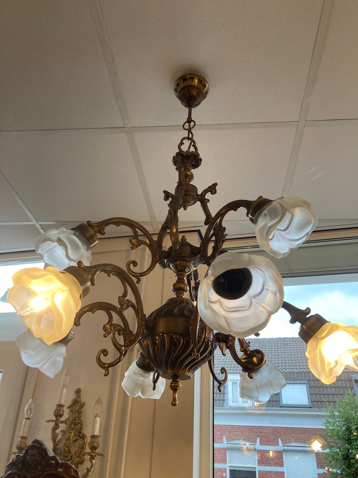Grote antieke bronzen kroonluchter 8 lichtpunten, Antiek en Kunst, Ophalen