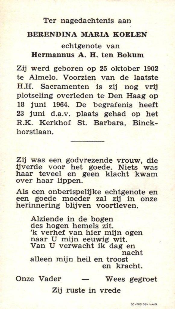 Koelen Berendina Maria Almelo 1902-1964 Den Haag, Ophalen of Verzenden