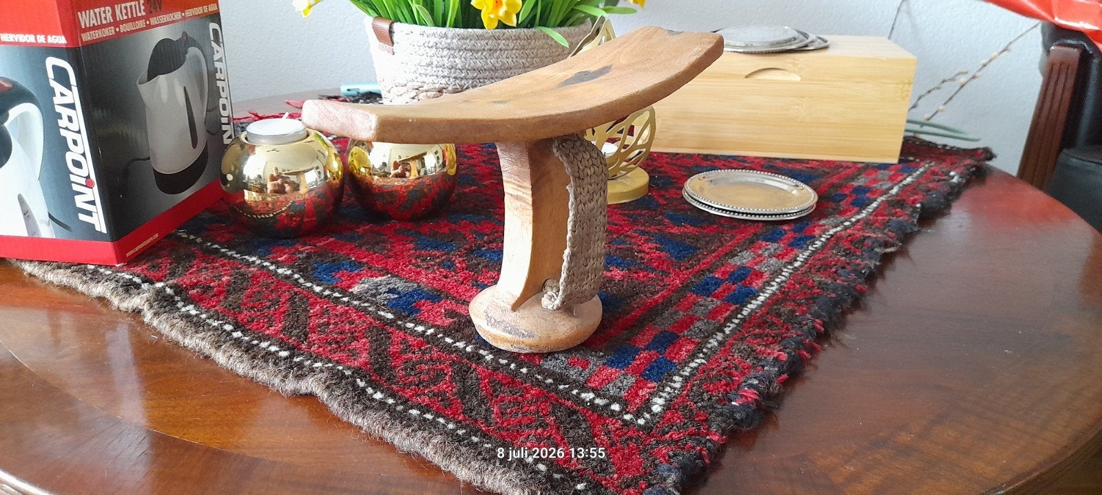 Decoratieve houten kruk , heel antieke hoofdsteun voor id wo, Ophalen of Verzenden