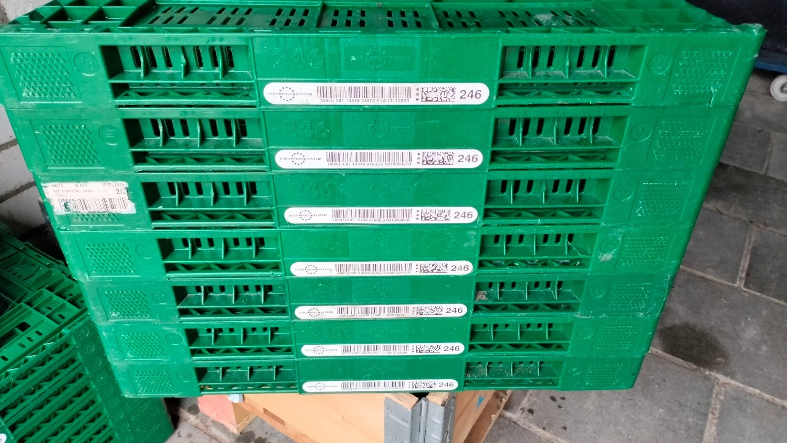 11 stuks groene opvouwbare kratten - euro pool systeem 136, Ophalen, Gebruikt, 40 tot 60 cm, Opvouwbaar