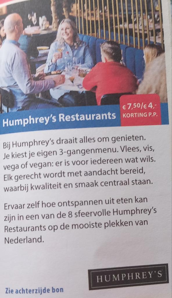 Humphrey's restaurants €7,50 korting max 5 personen €4 korti, Tickets en Kaartjes, Drie personen of meer, Kortingsbon