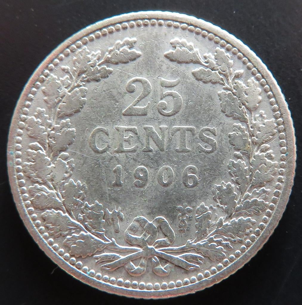 25 Cent 1906, Postzegels en Munten, Munten | Nederland, Verzenden, Zilver, 25 cent, Koningin Wilhelmina