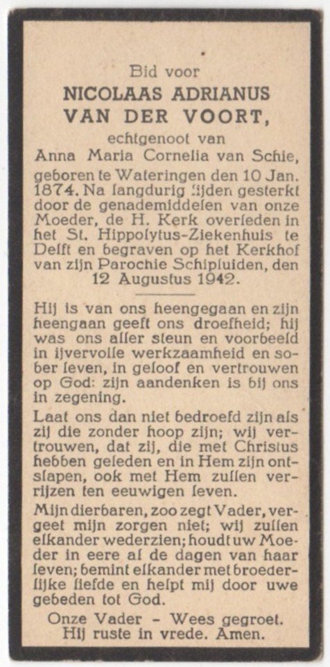Nicolaas A. van der Voort 1874 Wateringen + 1942 Delft, 68 j, Ophalen of Verzenden