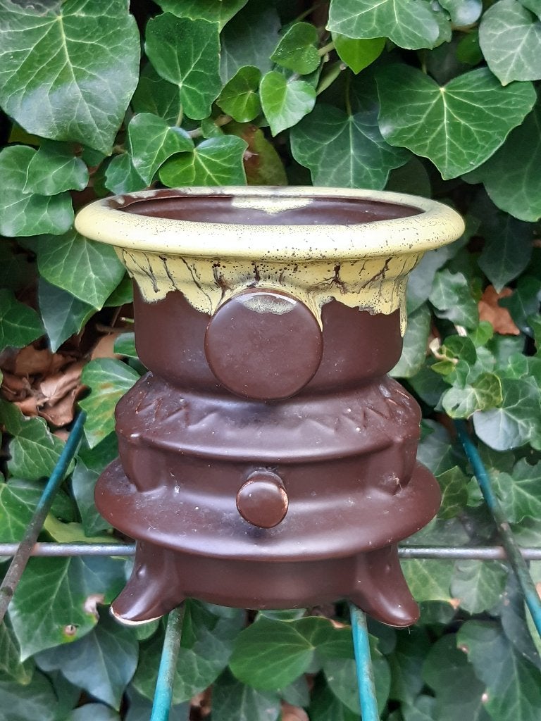 Bloempot vintage bruin fat lava petroleum stel vorm, Tuin en Terras, Bloempotten, Rond, Ophalen of Verzenden, Aardewerk, Minder dan 40 cm