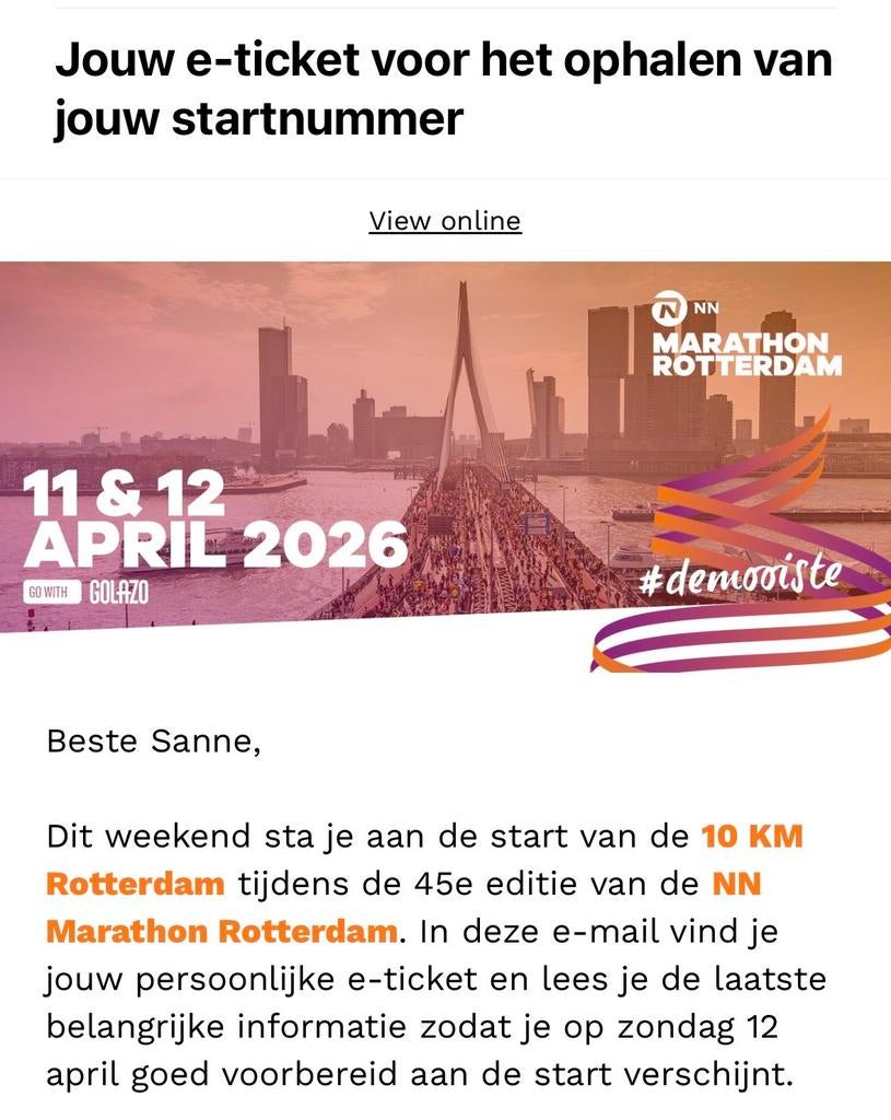 Startbewijs / ticket kwart marathon Rotterdam, Eén persoon, April