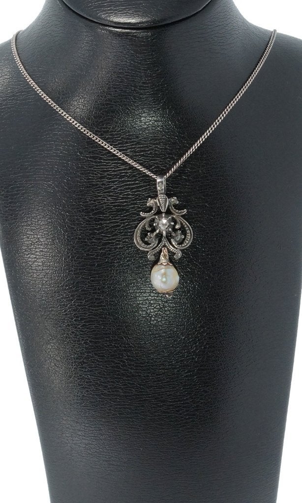 Sale Diamant parel antiek gouden zilveren ketting en hanger, Verzenden, Goud, Ketting, Met edelsteen