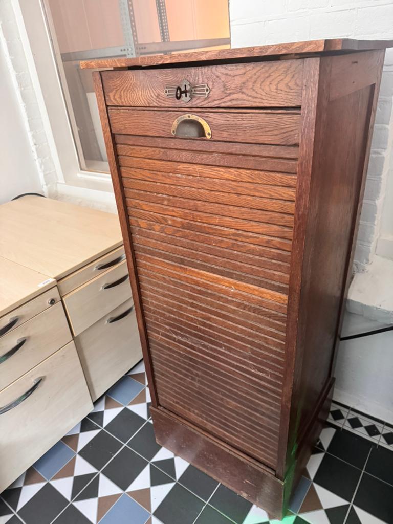 Vintage Archiefkast met Rolluik - Hout, Ophalen