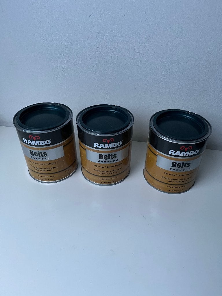 3 potten Rambo beits Antiek blauw 1120 zijdeglans, Minder dan 5 liter, Ophalen of Verzenden, Blauw, Beits