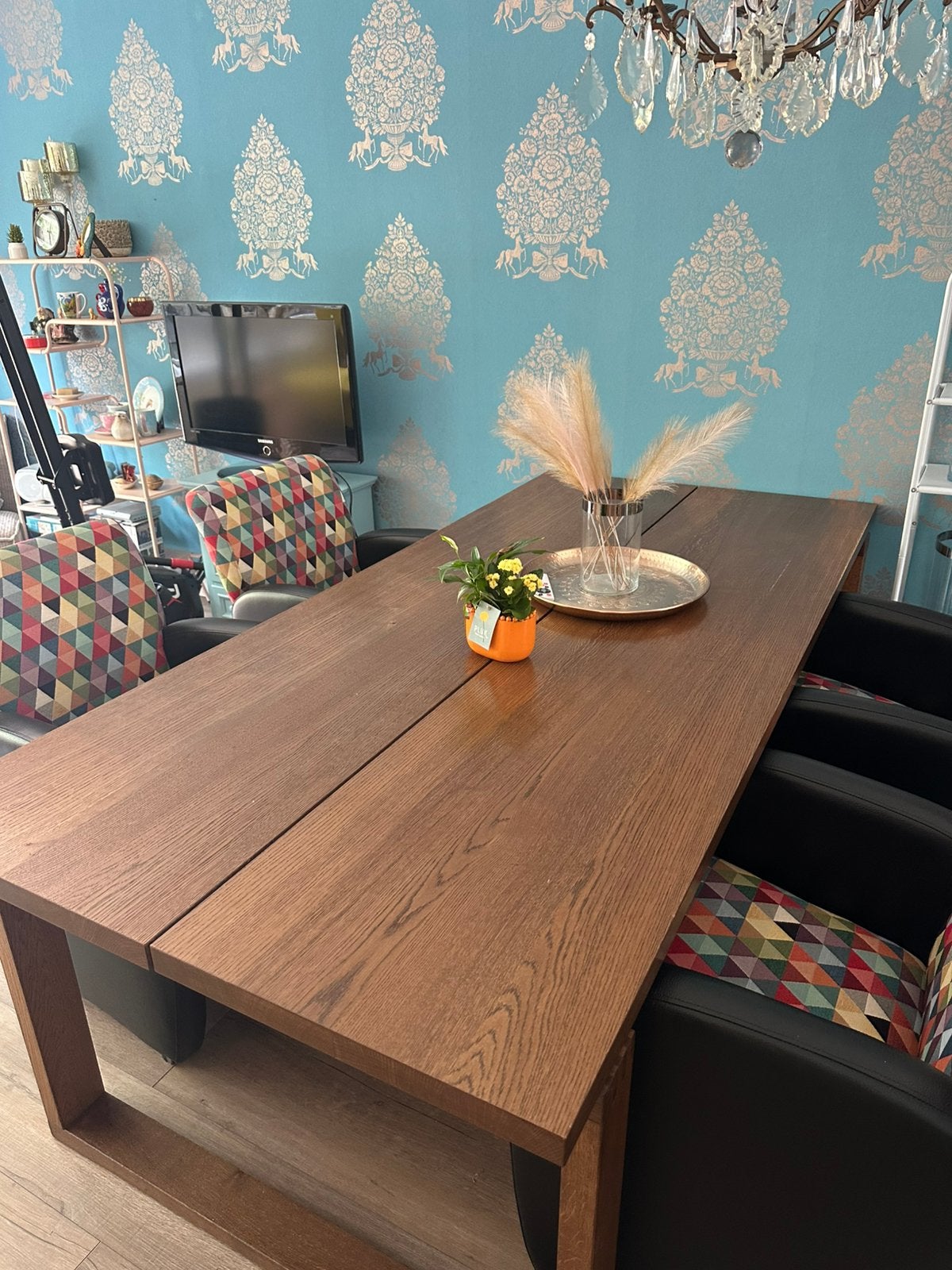 Mooie houten eettafel met eetbank (220x100 cm), Ophalen, 200 cm of meer, 50 tot 100 cm, Zo goed als nieuw