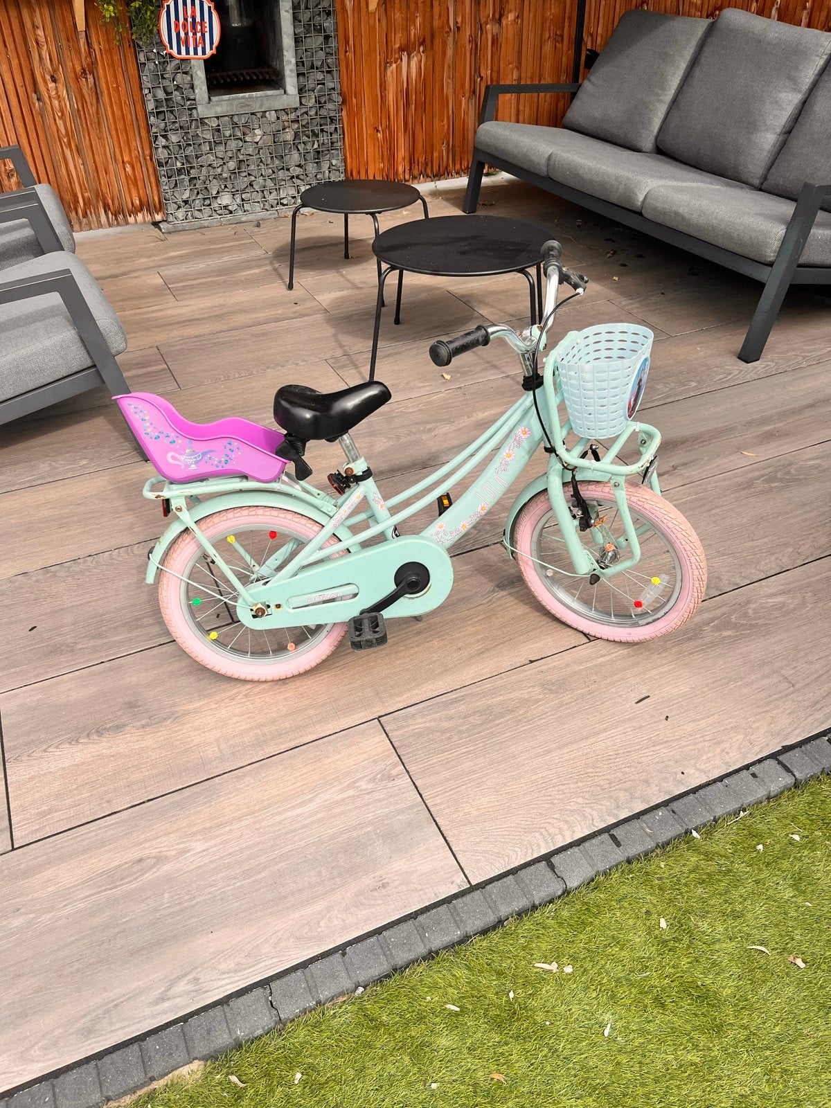 Popal Lola 16 inch kinderfiets - Mintgroen met roze accenten, Ophalen, Gebruikt, Velgrem, 16 tot 20 inch