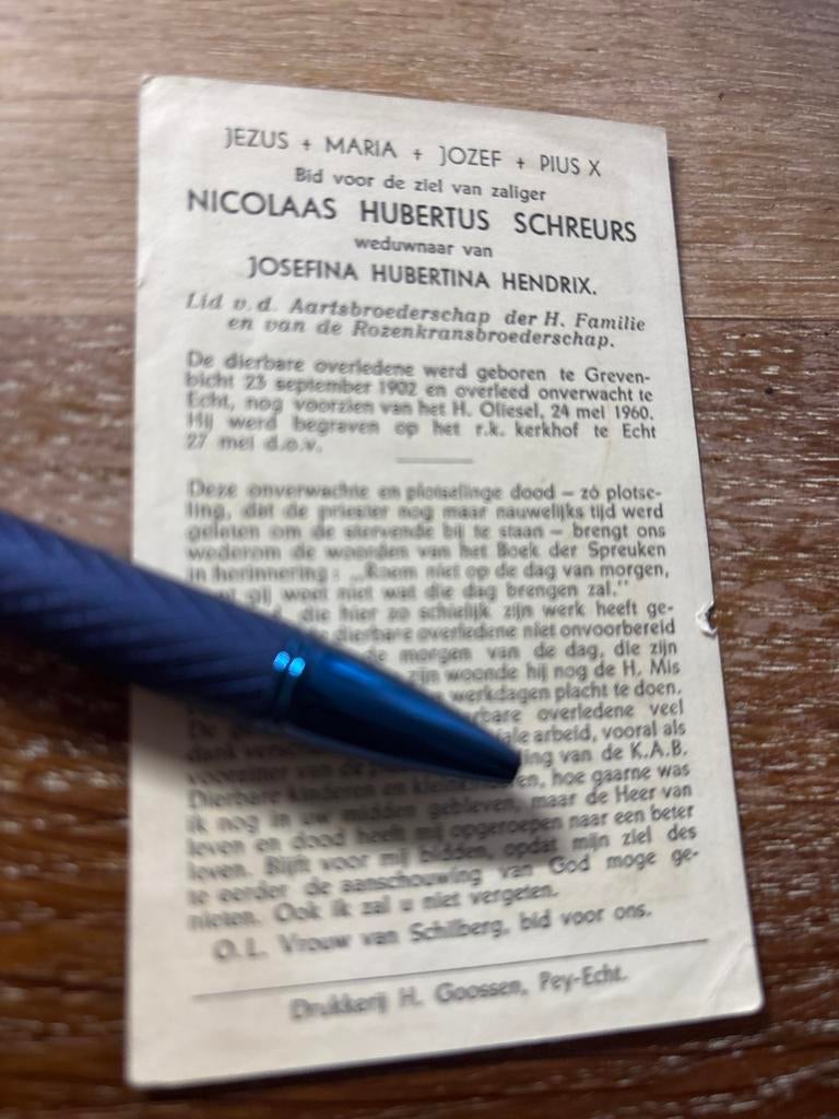 Schreurs Nicolaas 1902 Grevenbicht 1960 Echt x Hendrik, Ophalen of Verzenden, Bidprentje