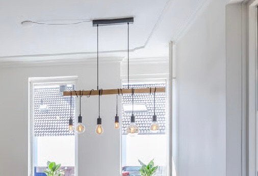 Industriële Hanglamp met houten balk en 6 E27 fittingen, Huis en Inrichting, Ophalen, Zo goed als nieuw, Hout, E27 (groot)