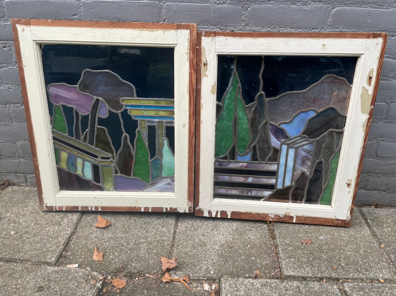 2 vintage glas-in-loodramen – Sfeervol mediterraan landschap, Ophalen
