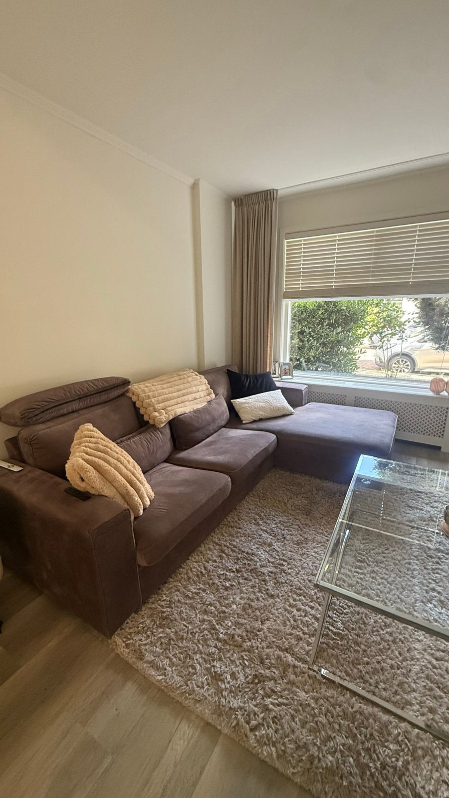 Comfortabele Hoekbank - Bruin Stof, Huis en Inrichting, Banken | Bankstellen, Ophalen, 250 tot 300 cm, Gebruikt, 125 tot 150 cm