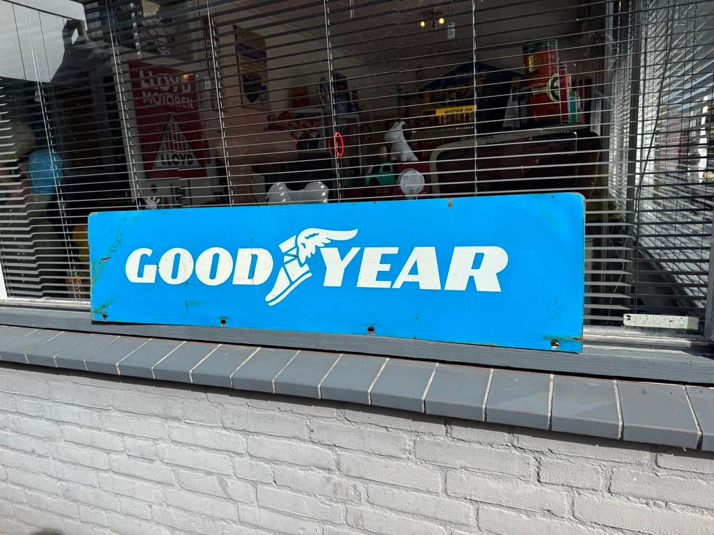 Vintage Goodyear reclamebord - Blauw geëmailleerd, Verzamelen, Ophalen, Reclamebord, Gebruikt, .