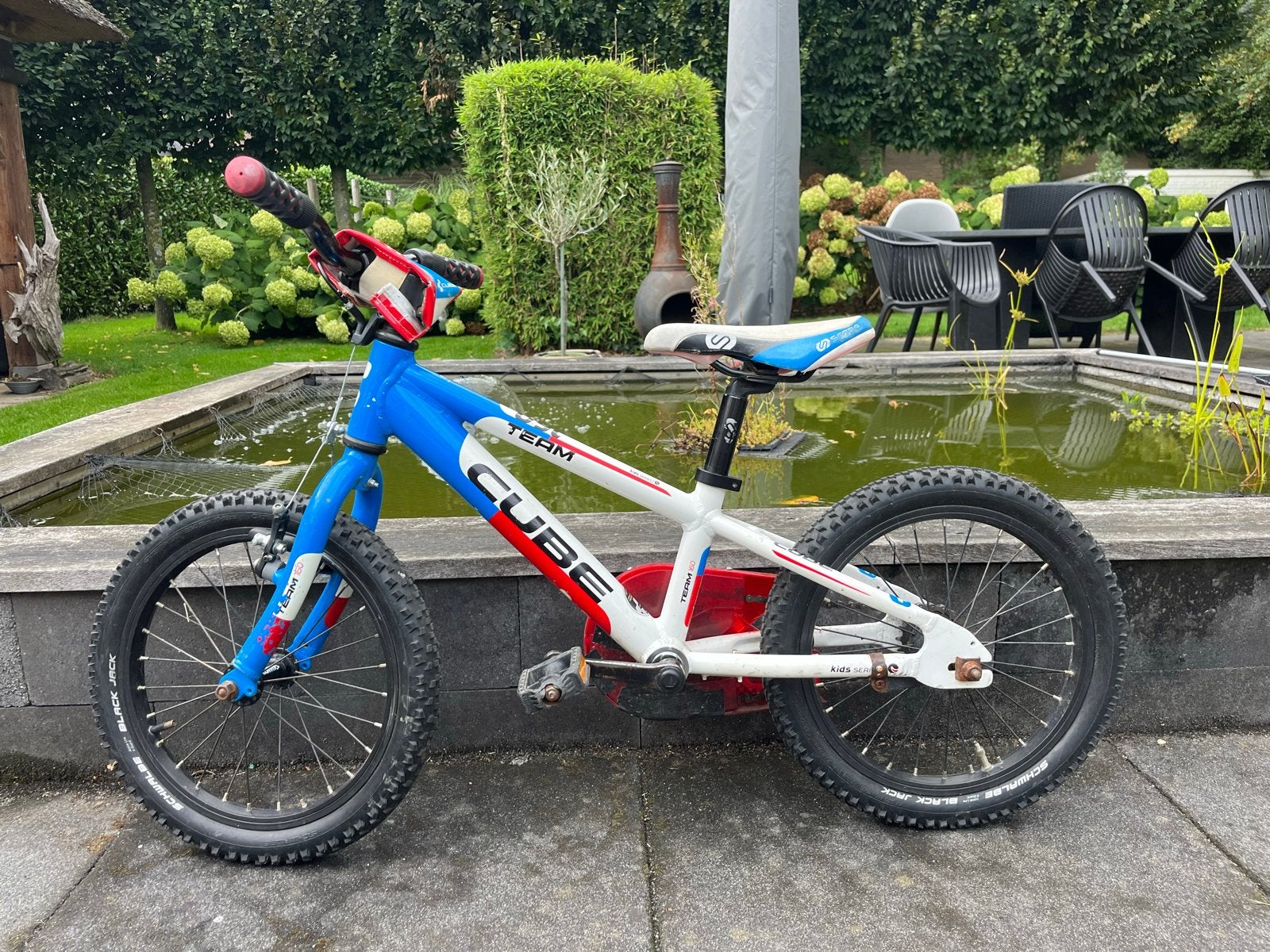 Cube 160 Race kinderfiets - Wit/Blauw/Rood, Ophalen, Gebruikt, Velgrem, 16 tot 20 inch