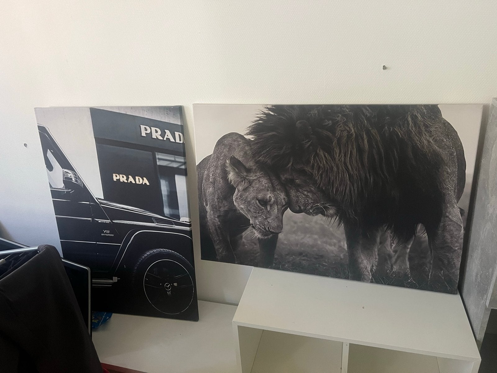 Set van 2 Canvas Schilderijen: Auto & Leeuwen, Ophalen, Doek, Realistisch, Dieren